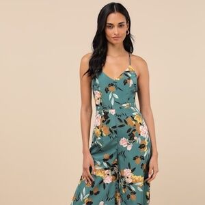 Lulus Beautiful Blooms Teal Green Floral Print Wide-leg Jumpsuit - Size M